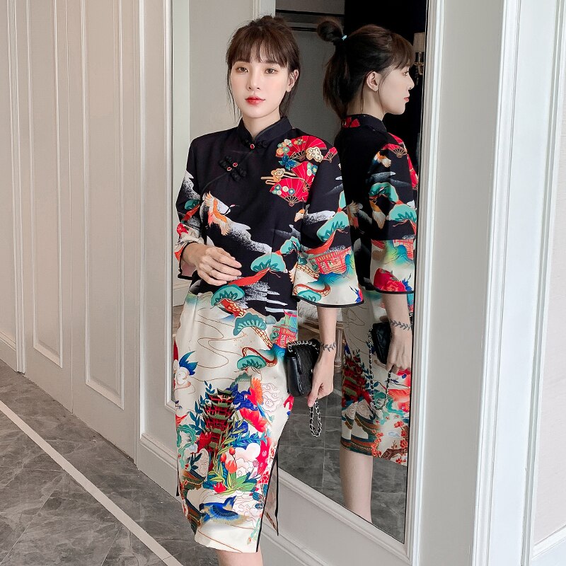 Vestido Cheongsam de talla grande XXL 3XL 4XL, moderna para mujer, informal, Qipao negro, ropa tradicional china