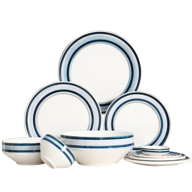 Gilt Rim Blue Gradient Dinner Plate Ceramic Kitchen Plate Tableware Set Food Dishes Rice Salad Noodles Bowl Soup Kitchen Tool