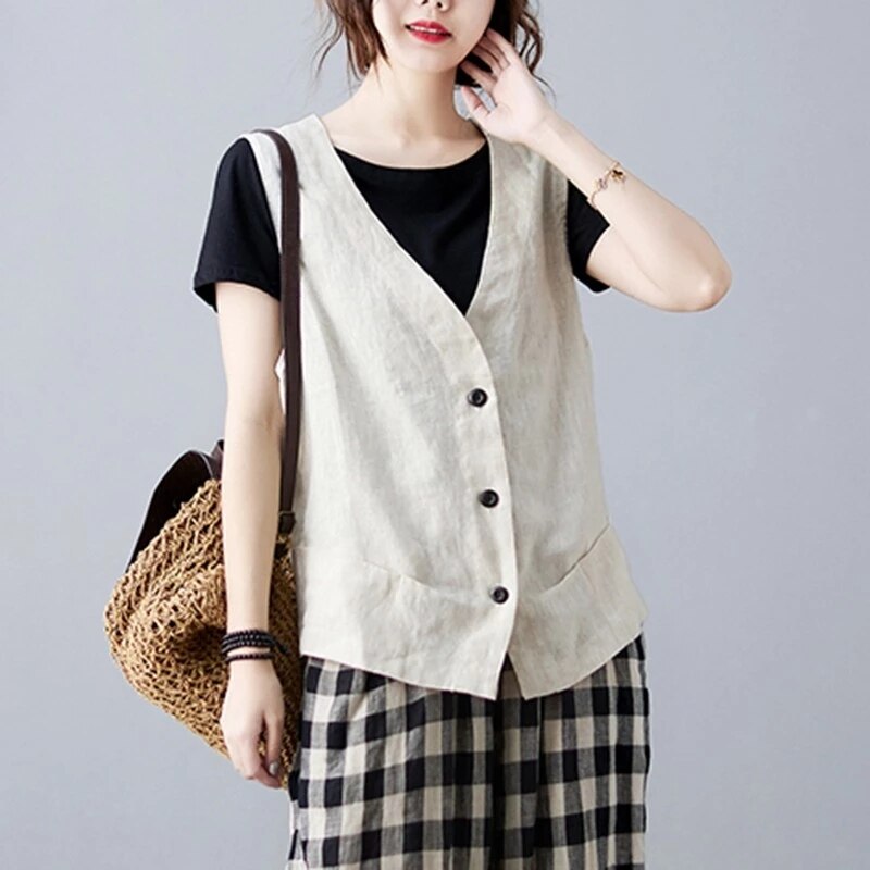 Women Summer Vintage Solid Loose Linen Cotton Vest Dress