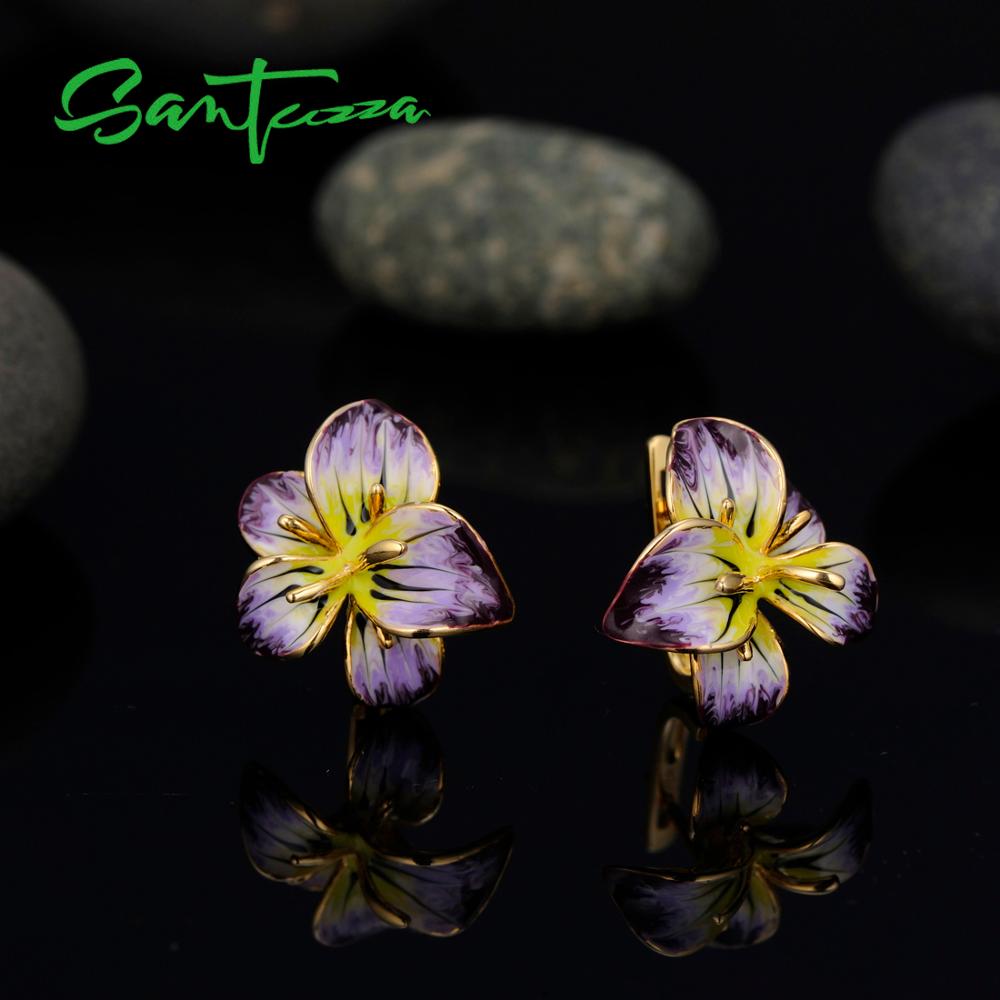 SANTUZZA Silber Ohrringe Für Frauen Reine 925 Sterling Silber Gold Farbe WunderschöNe Blühende Blume Ohrringe Schmuck HANDGEMACHTE Emaille