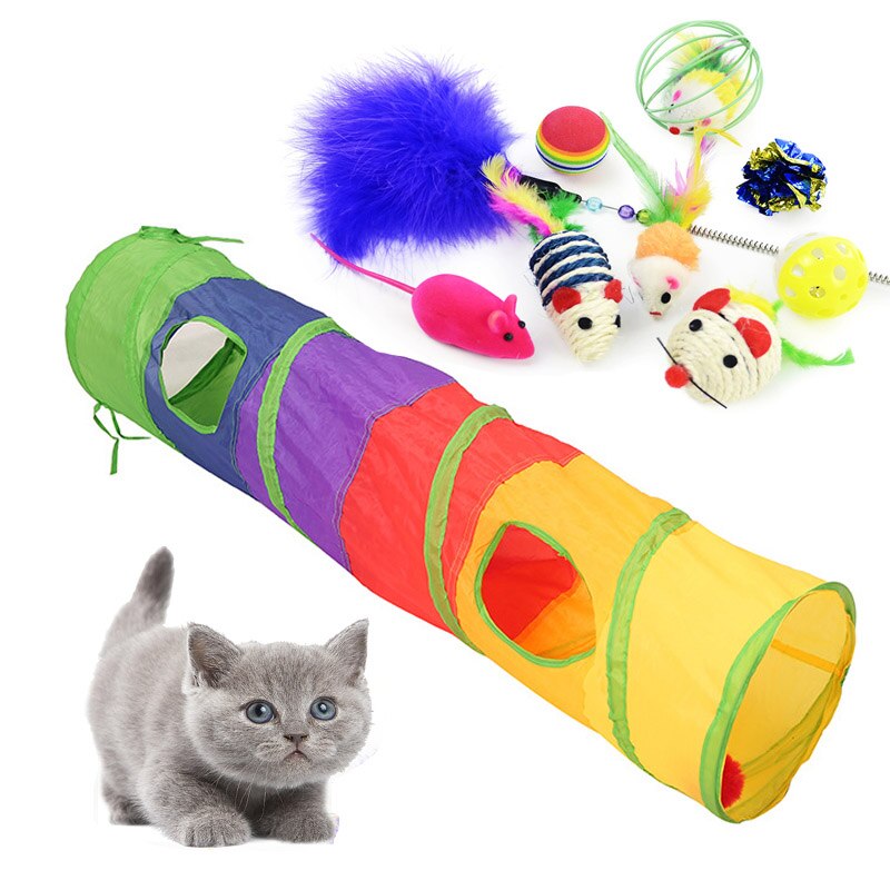Juguetes para gatos coloridos, Kit para mascotas, túnel contraíble, tubos de Juego de 4 agujeros, bolas, forma de pluma de ratones mascota, gato, suministros interactivos de gatito: Tunnel-10PCS