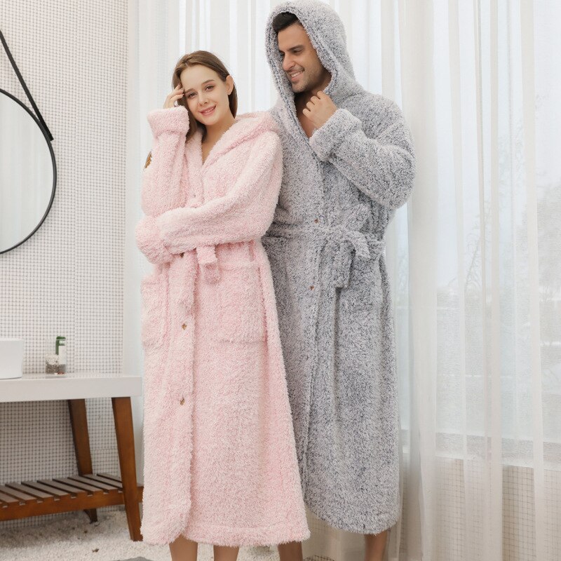 Autumn Winter Bathrobe Men Women Loose Plus Size Cardigan Buttons Warm Dressing Gown Male Plush Long Robes Home Wear