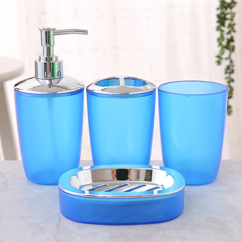 4 Stks/set Badkamer Accessoires Frosted Plastic Zeepdispenser Fles Zeepbakje Cup Tandenborstelhouder Set: Blauw
