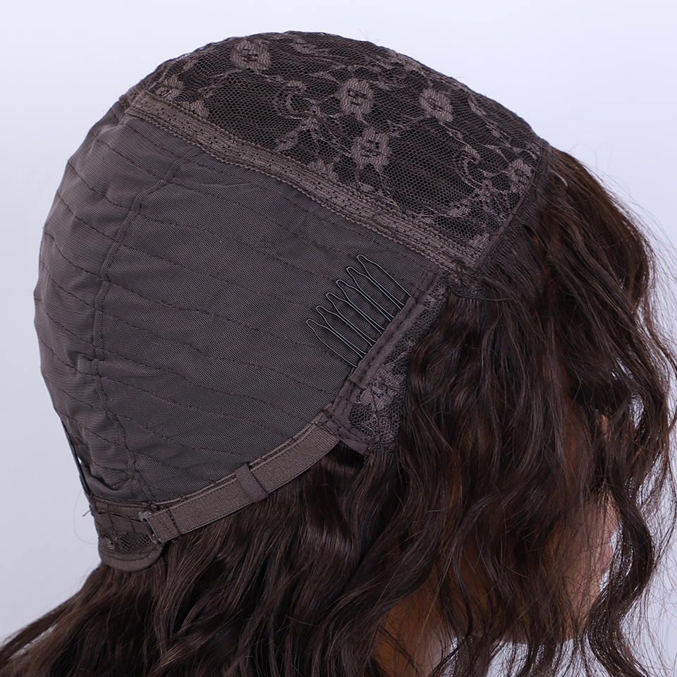 Perruque de cheveux humains bouclés au miel avec frange à franges, partie latérale, sans colle, pré-plumée, gros moelleux, marron, blond mélangé