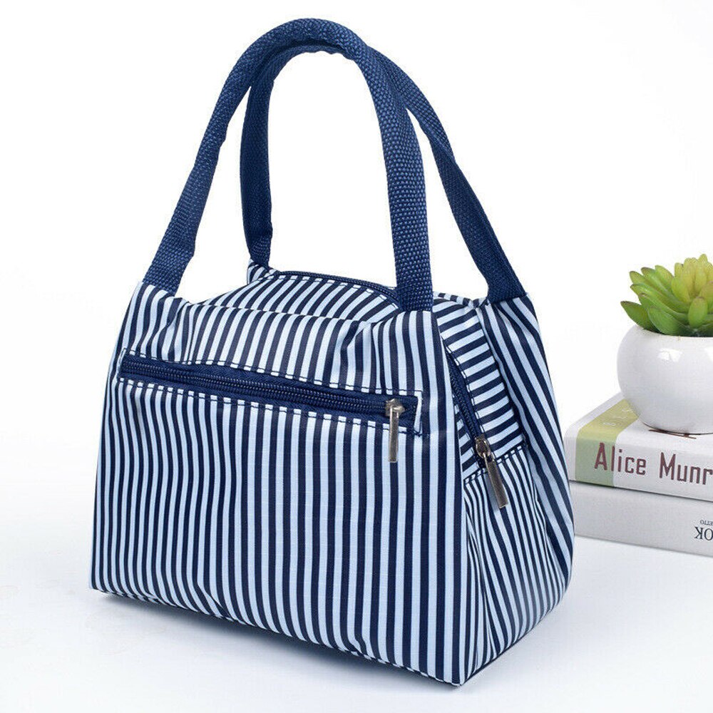 Lunch Bag Women's Portable Bento Box Alpaca Cactus Unicorn Flamingo Bear Insulated Thermal Cooler Carry Office Storage Bag: Blue stripes