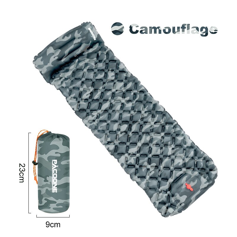 Pacoone Outdoor Isomatte Camping aufblasbare Matratze eingebaute Pumpe ultraleichte Luftkissen Reise matte mit Kopfstütze für Trave: Camouflage