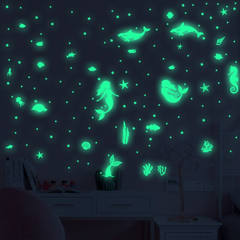 Luminous Wall Decal Mermaid Sea World PVC Stickers Glow in the Dark Wall Art for Home Window Wall Decals Home Decorations