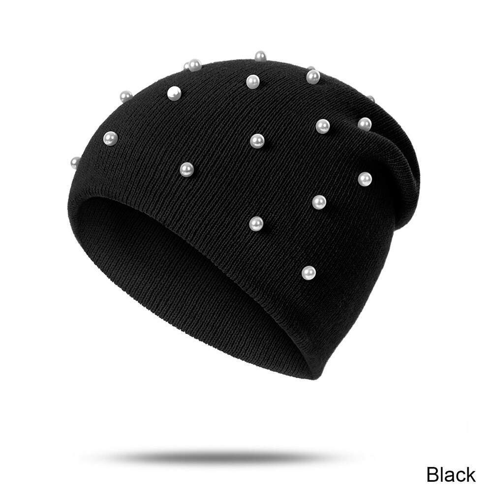 TRUENJOY-gorros de perlas para Otoño e Invierno para mujer, sombrero de punto con solidos y solidos, para sombreros invierno Mujer: black
