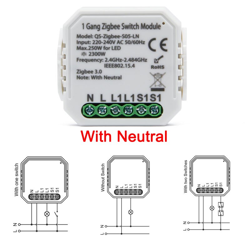 Tuya ZigBee 3.0 Smart Switch Module With/ No Neutral 2 Way Wireless Control Switch Relay Support Zigbee2MQTT Work with Alexa