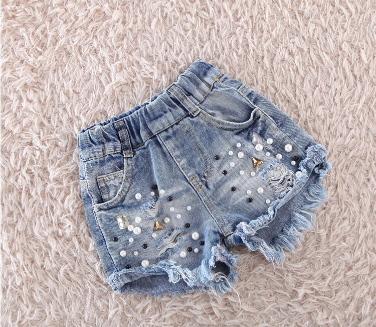 Baby girls jeansshorts pärlhål jeans byxor mjuka sommar barn jeans shorts barnkläder