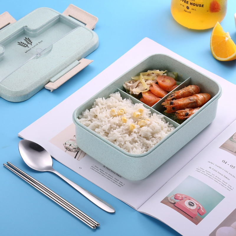 Fiambrera con cuchara, palillos, vajilla de paja de trigo, contenedor de almacenamiento de alimentos, caja Bento para microondas para escuela y oficina