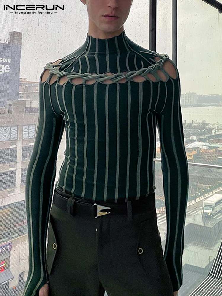 INCERUN Men T Shirts Striped Turtleneck 2022 Long Sleeve Hollow Out Personality Tee Tops Streetwear Casual Camisetas 7