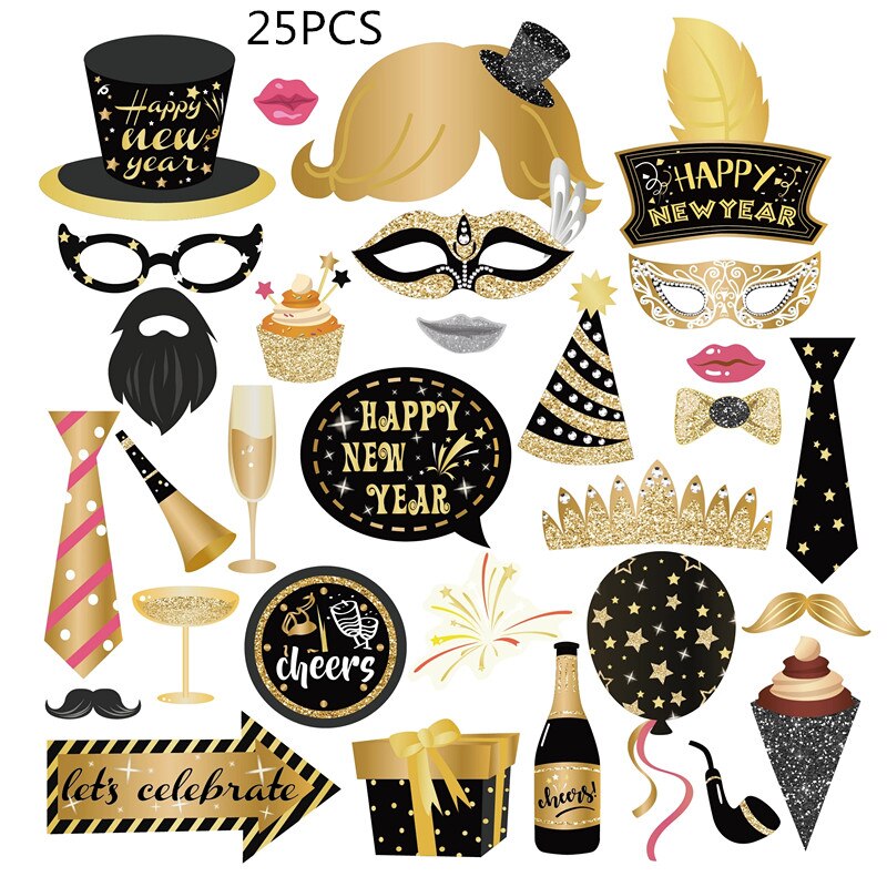 25 Stuks Gelukkig Nieuwjaar Diy Photobooth Props Vrolijk Kerstfeest Decoraties Xmas Photobooth Party Gunsten: Photo props 25pcs