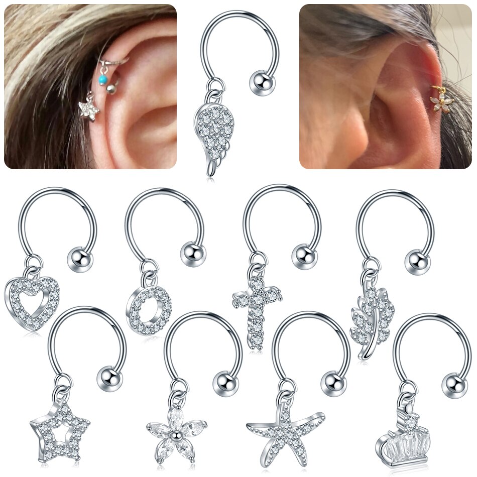 1 PC Staal Dangle CZ Kraakbeen Hoepel Met Messing Crown Hart Hanger Roek Tragus Kwab Helix Lip Oor Piercings sieraden 20G