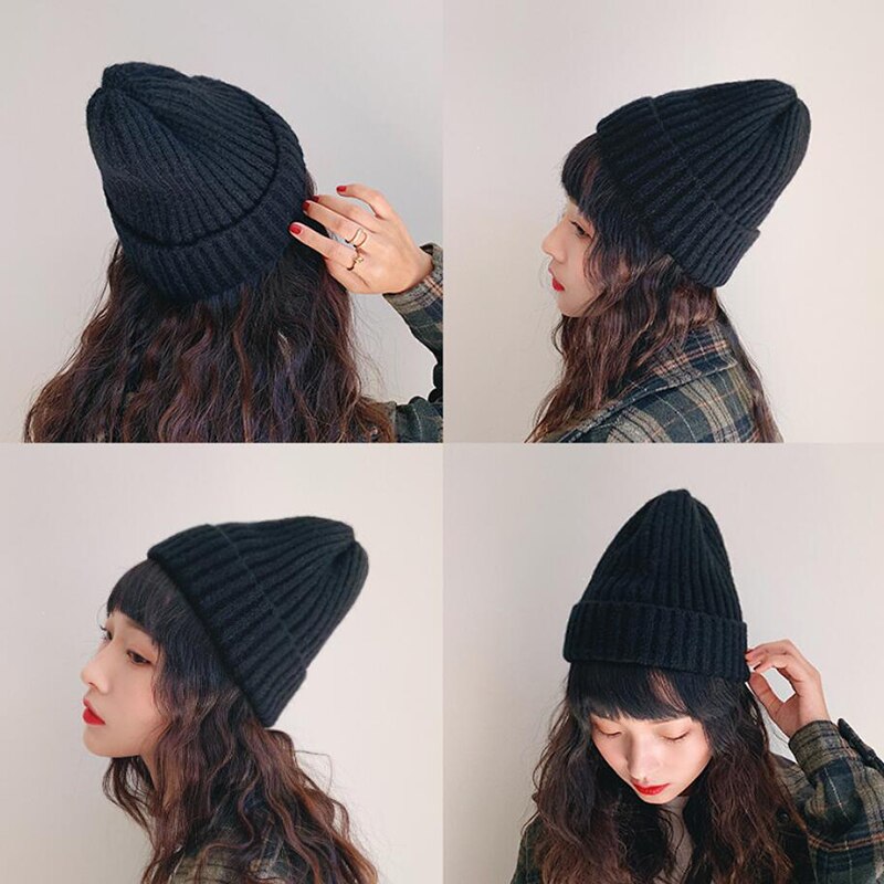 Winter Women Beanies Solid Color Soft Cotton Elastic Knitted Women Hat Girls Bonnet Female Cap