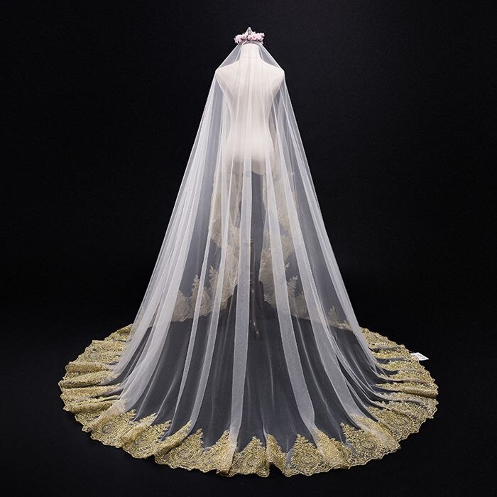 Voile de mariage en dentelle dorée, longueur 300cm, largeur 300cm, accessoires de mariage, de luxe