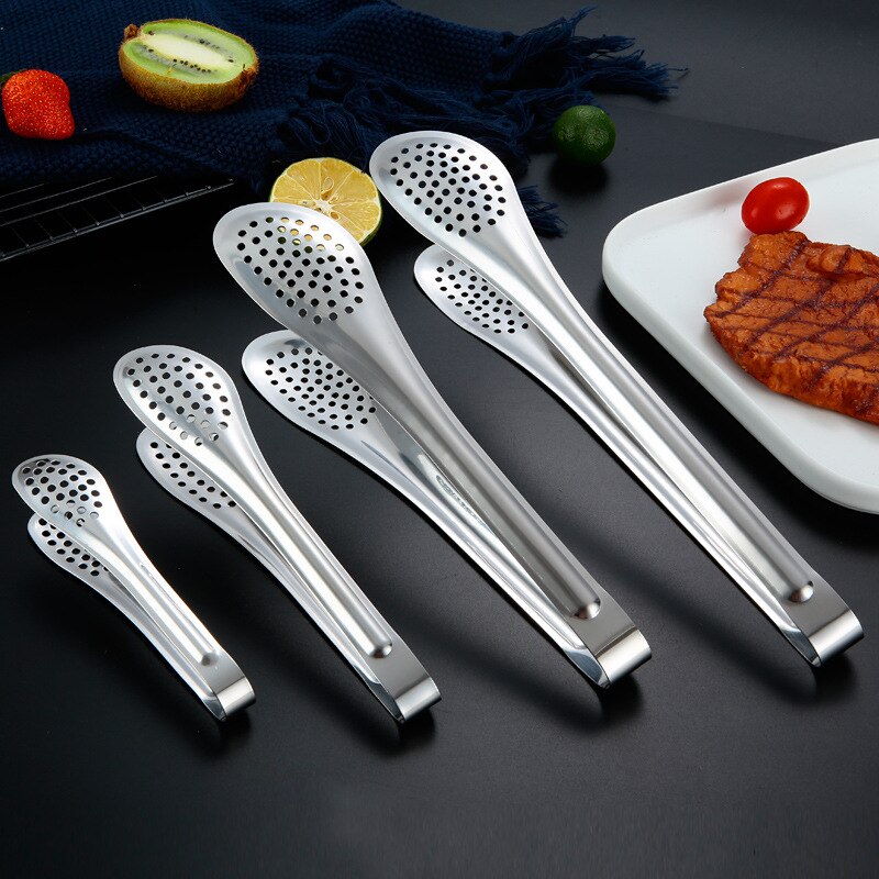 Pinzas de acero inoxidable para alimentos, tenacillas gruesas y porosas para drenaje de aceite, barbacoa, carne, ensalada, pan, utensilios de cocina