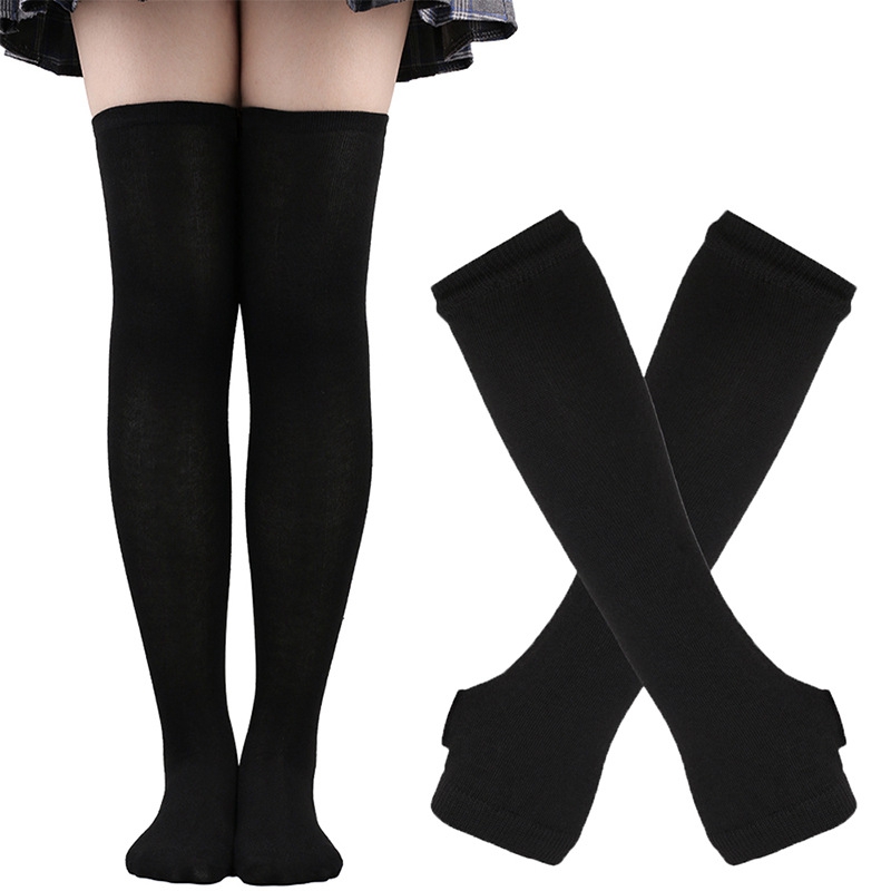 1 Set Women Gothic Punk Over Knee Long Stripe Socks Arm Sleeve Gloves for Girl Thigh High Cotton Socks Sweet Cute Christmas: black