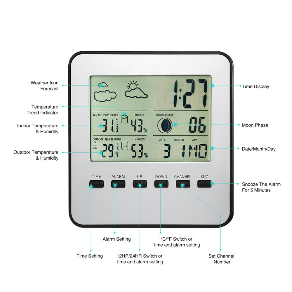 AMIR Digital Temperature Thermometer Weather Station Temperature Humidity Monitor with Clock Date and Moon Phase Remote Sensor