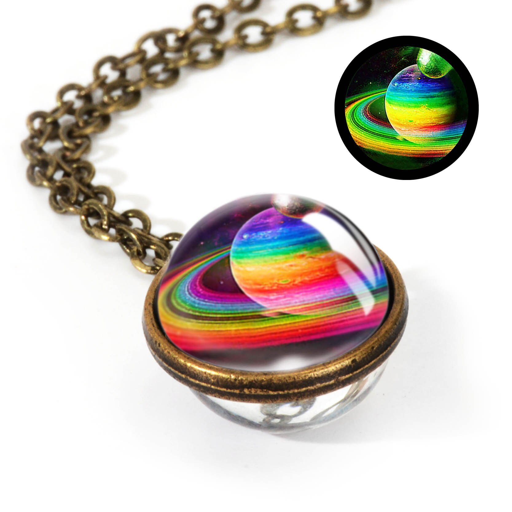 Nebula Galaxy Double Sided Pendant Necklace Universe Planet Jewelry Glass Art Picture Handmade Statement Necklace: LGS0037-Luminous