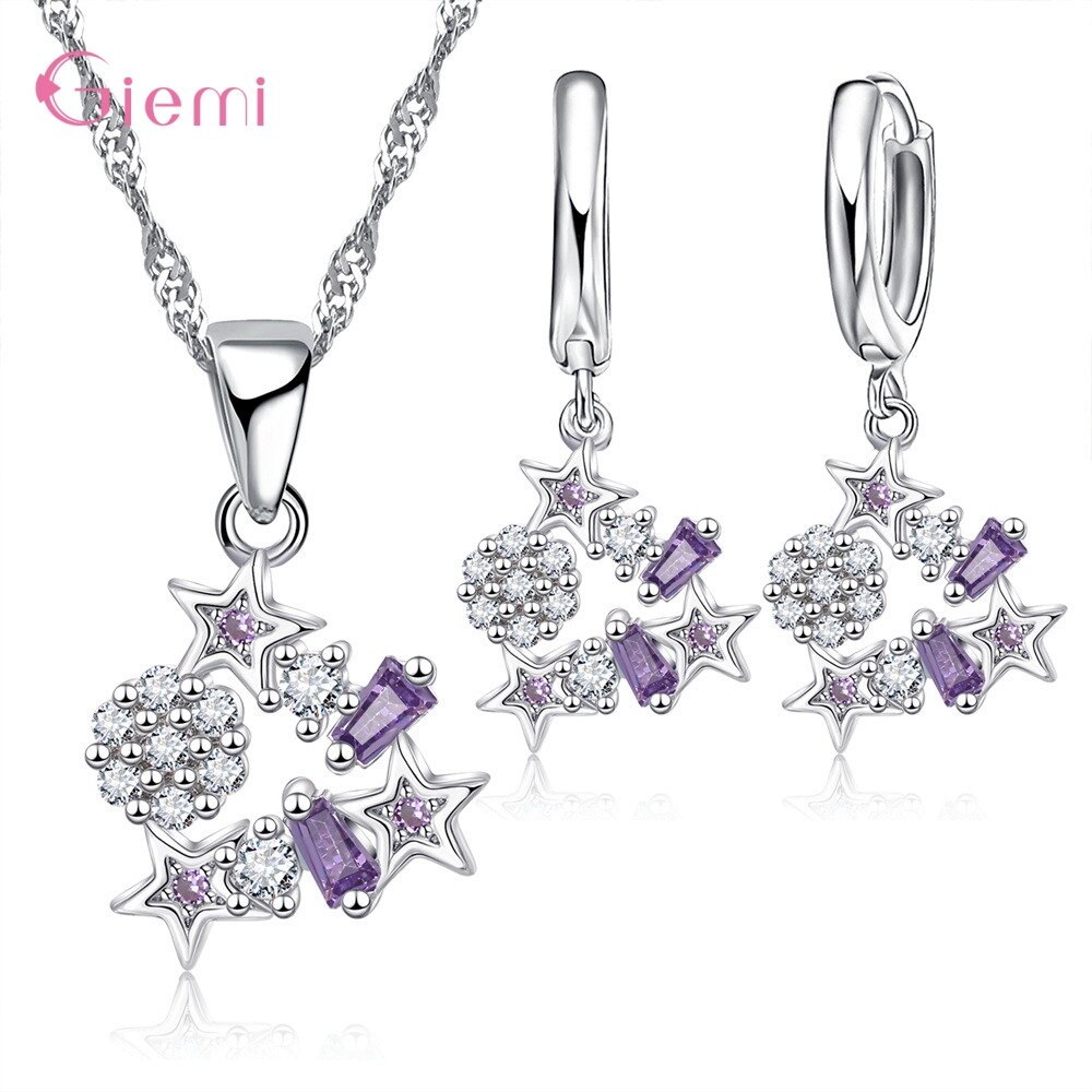 Trendy Stern Halskette Ohrring Set 925 Sterling Silber Cubic Zirkon Schmuck Sets Für Frauen Mädchen Partei Liefert: Purple