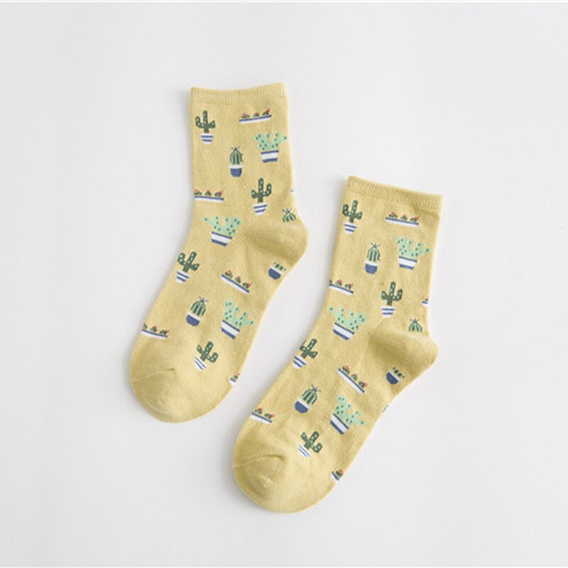 HENGSONG-Calcetines de algodón con de Cactus para mujer, calcetín cómodo, bonito, para deporte de abrigo: turmeric