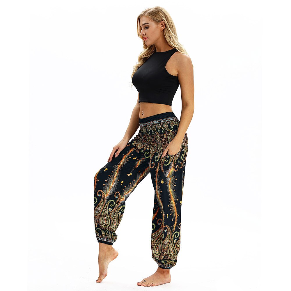 Heren dames losse harembroek dames heren bohemien casual print hippie lange broeken wijde pijpen zomer baggy broek #40: Geel 