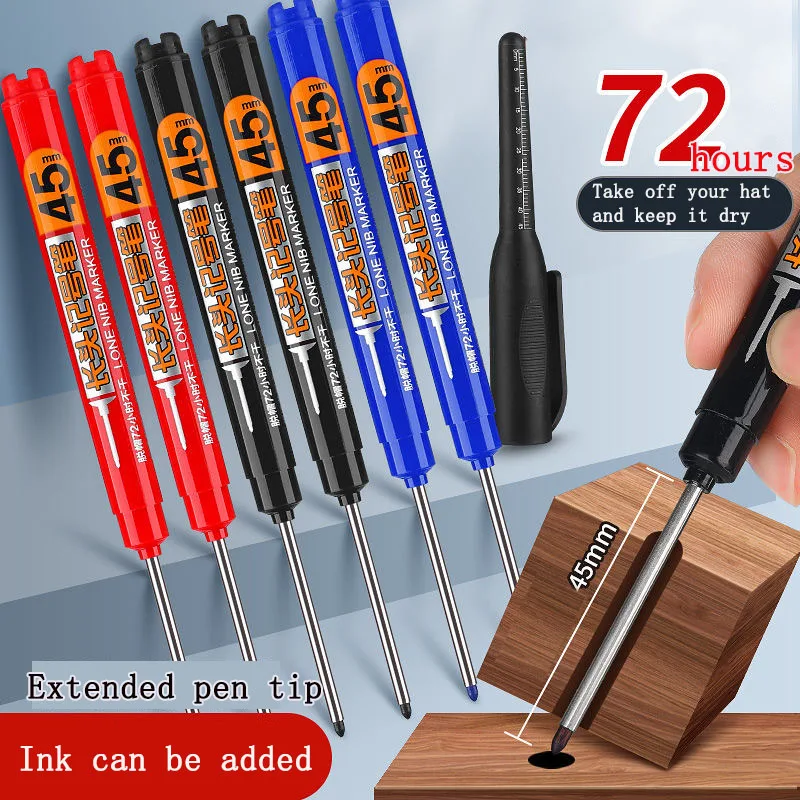 8PCS 45mm Spitze Wasserdicht Lange Kopf Marker Stift Quick-Dry Tinte Holzbearbeitung Schwarz Rot Blau Lange kopf Spitze Tiefe Loch Fliesen Schreiner