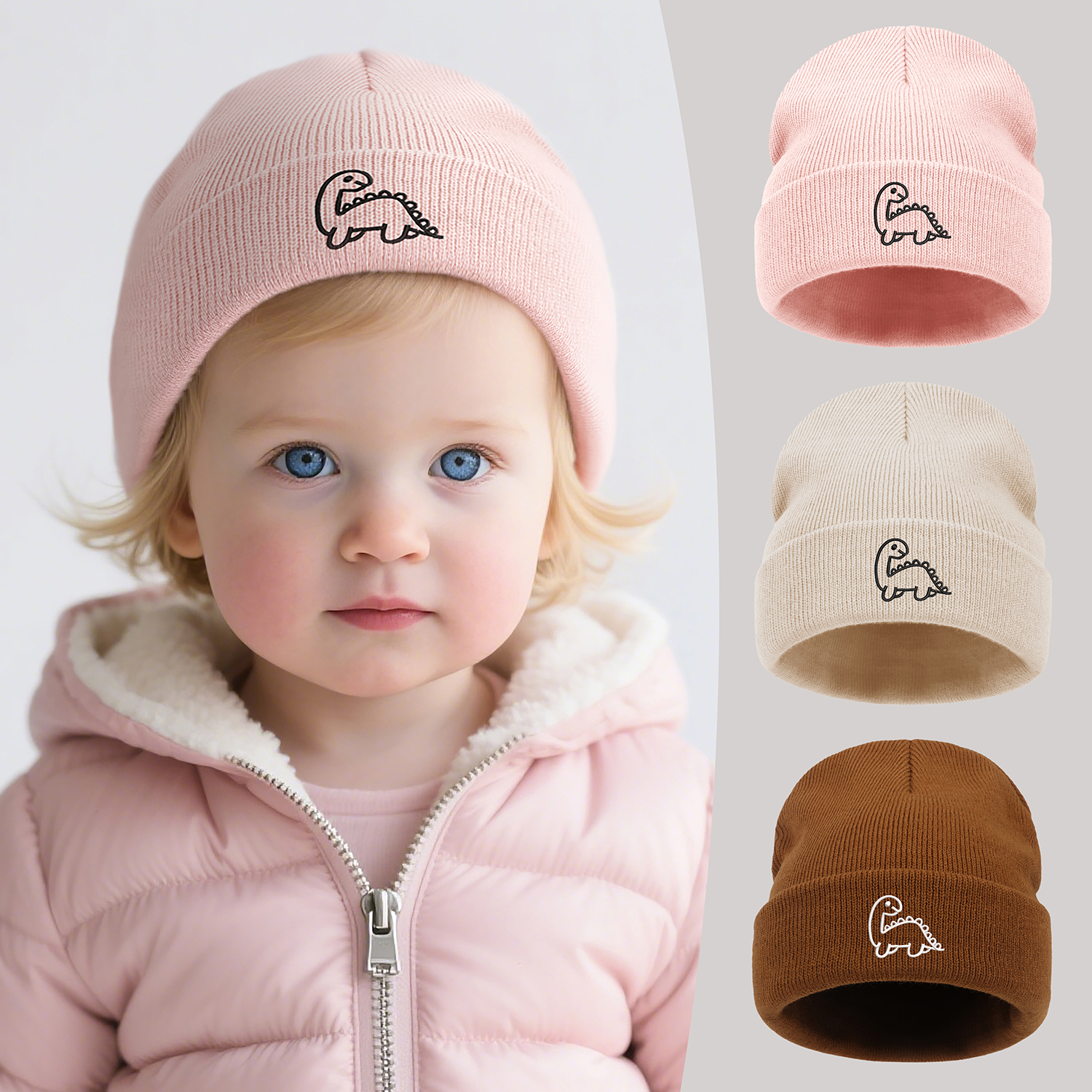Chapeau de bébé pour enfants, chapeau tricoté brodé pour -né, mignon dinosaure, bonnets pour enfants, garçons et filles, chapeau d'hiver pour la maison