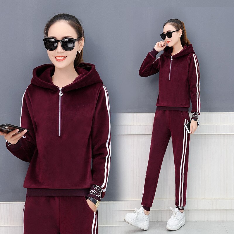 Winter Dik Fluwelen Vrouwen Sportkleding Trainingspak Warm Hoodie Running Jogging Outfits Casual Workout Set Sport Pak Sweatshirt + Broek: red / 3XL