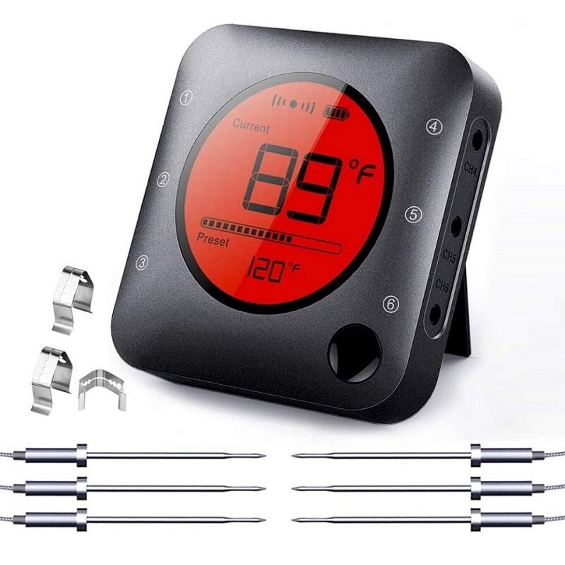 AIRMSEN Wireless Bluetooth Thermometer Remote Digital Kitchen Cooking Food Meat Thermometer With Probe For BBQ Smoker Grill Oven: Black with 6 probe