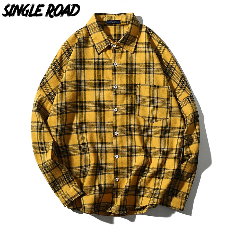 SingleRoad Mens Shirt Men Yellow Plaid Long Sleeve Shirt Japanese Streetwear Harajuku Korean Clothes Male Shirts For Men