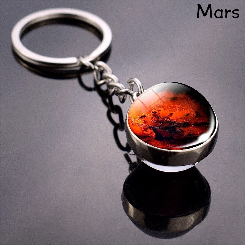 1Stck Planet Schlüsselanhänger Mond Schlüssel Ring Solar- System Planet Anhänger Galaxis Nebel Erde Mars Saturn doppelseitige Glas Ball Schlüssel Kette: Mars