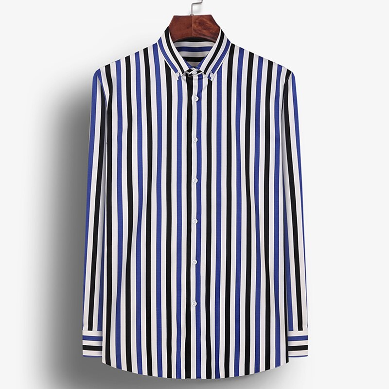 Men&#39;s Multi-Color Vertical Striped Long Sleeve Shirts Pocketless Button-down Standard-fit Casual Shirt