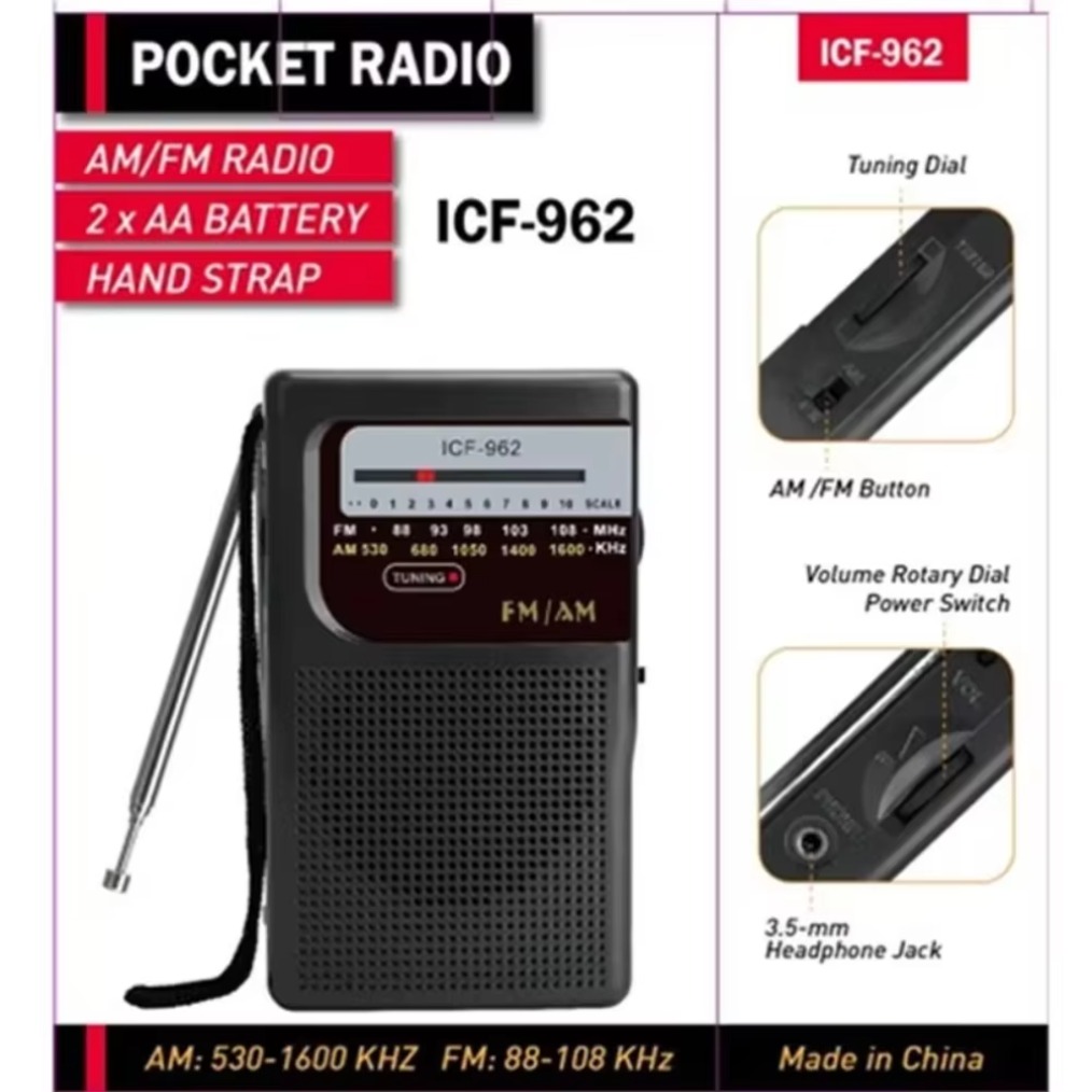 ICF-962 AM FM Portable Pocket Radios 3.5mm AUX Mini Walkman 2 x AA Battery Outdoor Stereo Radio for Walking Hiking Camping
