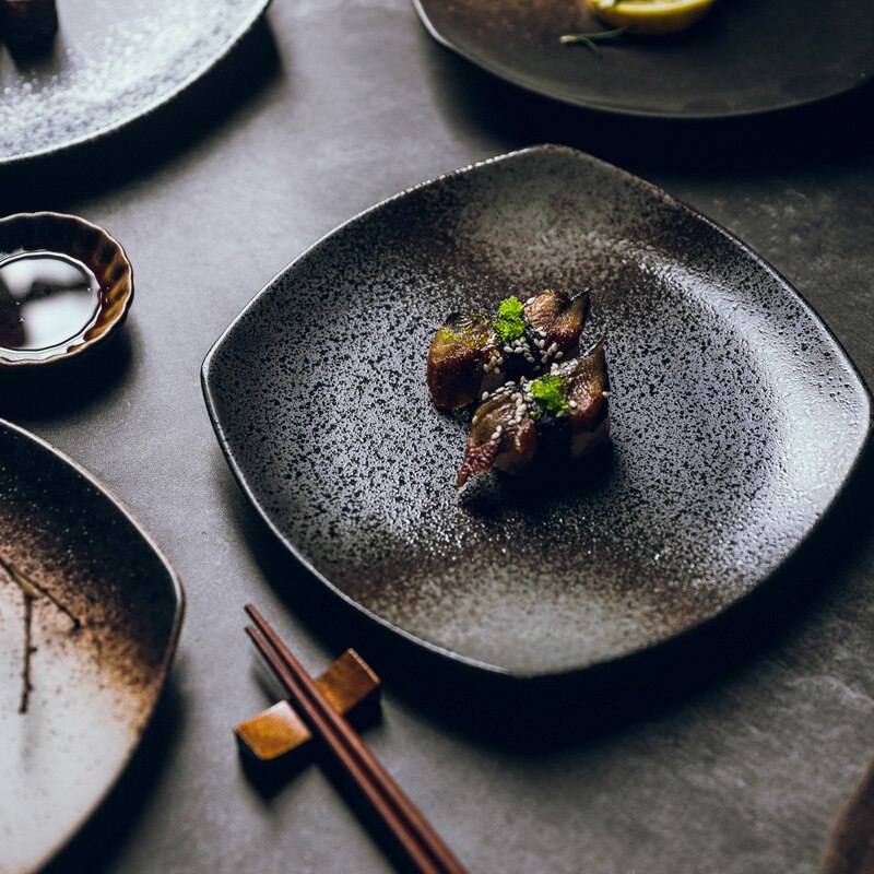 FANCITY Four ceramic plates, color glazed flat plate, dish plate, breakfast plate, personality porcelain plate.