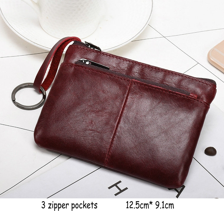 GENODERN-monedero pequeño de cuero genuino para hombre y mujer, Mini cartera con anilla para llave, tarjetero: 3 zipper wine red