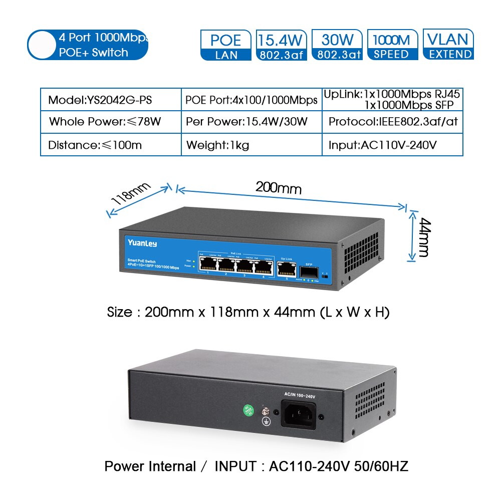 YuanLey 4 Hafen Gigabit PoE schalten, 1 Aufwärtsverbindung Gigabit Ethernet und 1 SFP Hafen, poE Plus 802.3af/beim, 78W Eingebaute Strom, Fanless