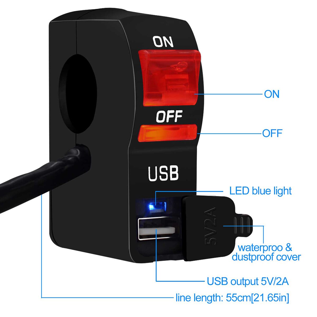 Universal Motorcycle Headlight ON/OFF Switch 5V 2A Fast Charge USB Adapter Charger With Blue LED Indicator Light