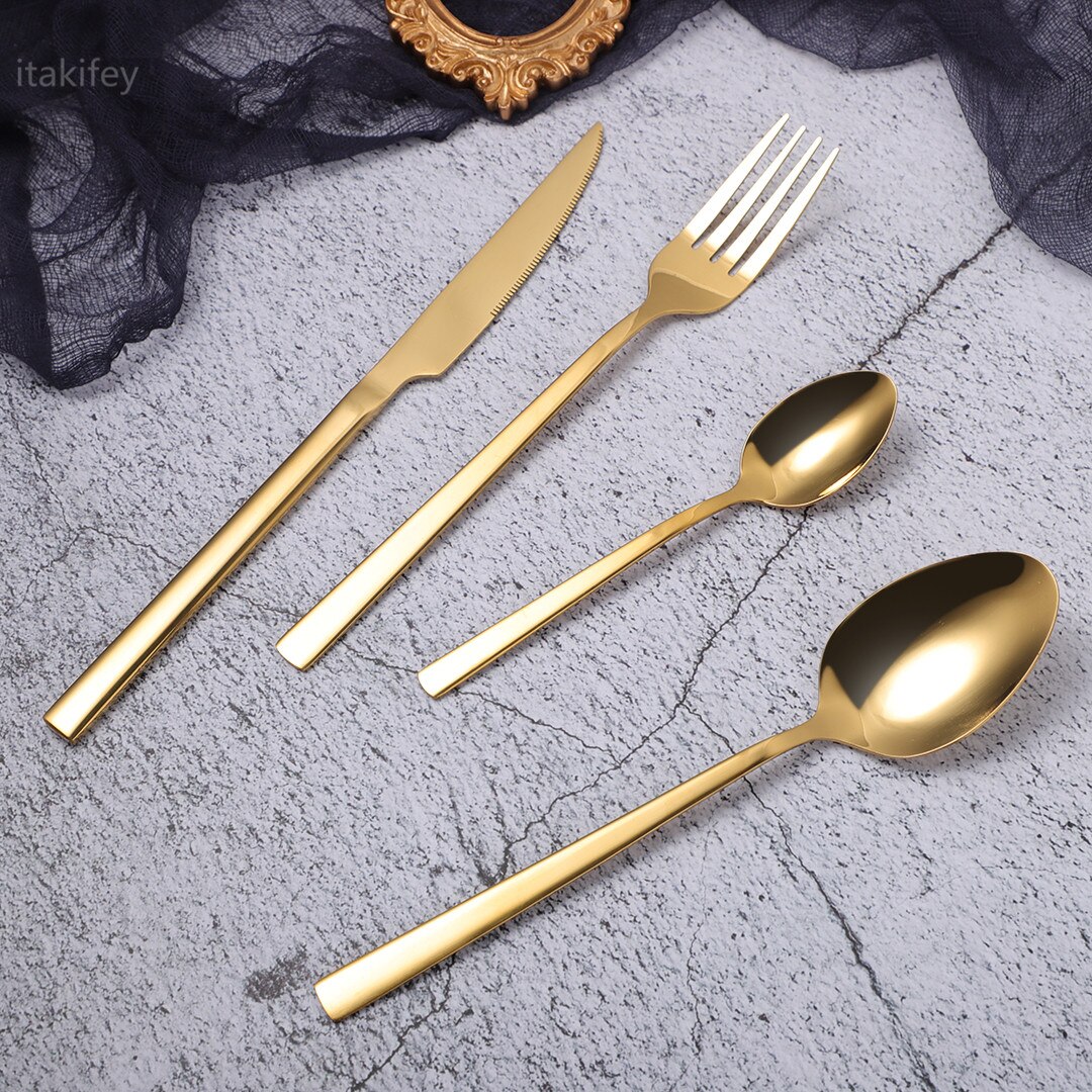 4Pcs 18/10 Stainless Steel Dinnerware Set Golden Cutlery Spoon Fork Knife Western Cutleri Silverware tableware Set Supplies