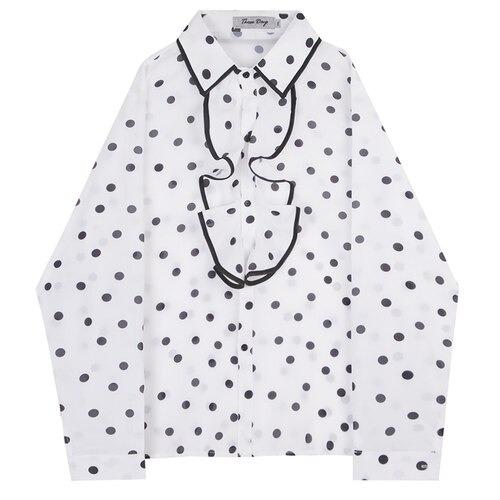 Male Streetwear Polka Dot Party Dress Shirt Men Vintage Ruffles Collar Long Sleeve Loose Casual Shirt Stage Lovers Clothes: Polka Dot C527 / XL