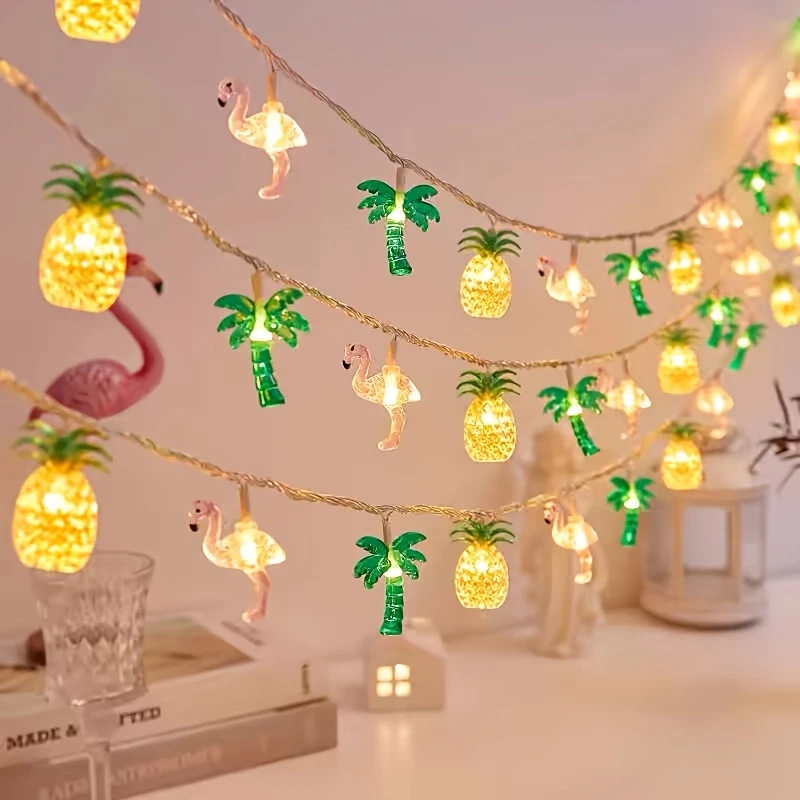 Guirlande lumineuse LED en forme de flamant rose, ananas, palmier, fonctionne à piles, pour la maison, jardin, plage tropicale, décor de fête de hawaïennes, 1 pièce