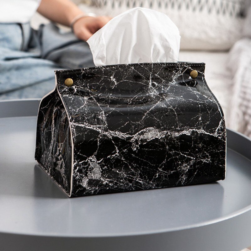 Caja para pañuelos con de mármol y cuero sintético, recipiente para pañuelos, servilletas de papel para el hogar y el coche: Black-1