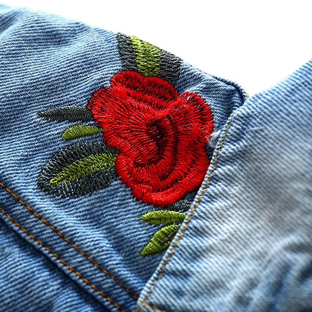 Toddler Baby Girl Long Sleeve Rose Coats Embroidery Windproof Hole Denim Coat Outwear Turn-down Collar Button Coat Пальто
