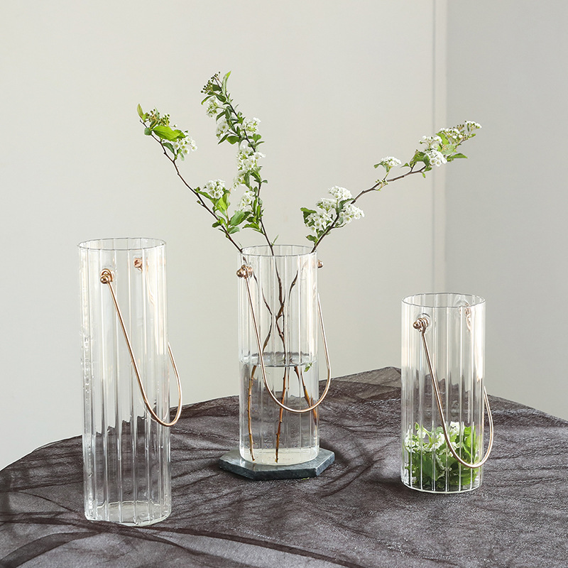 Cutelife nordic ins simpelt metal bærbart stribet gennemsigtigt glas vase tekstur blomster blomster arrangement hydroponisk boligindretning