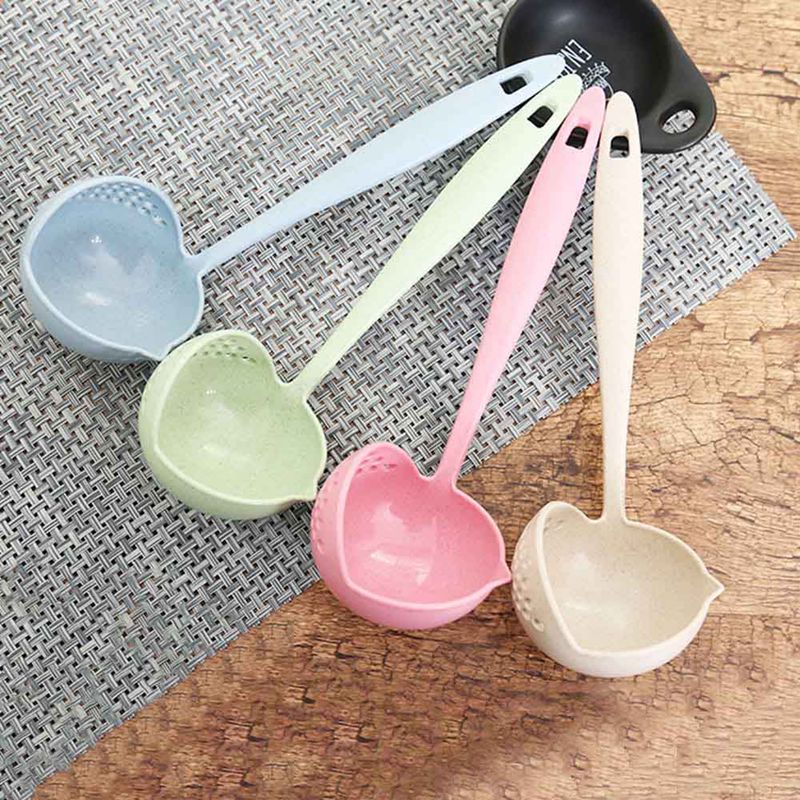 Louche cuillère à soupe en plastique | 2 en 1 à Long manche, passoire de cuisine, cuillère de cuisine, ustensiles de table