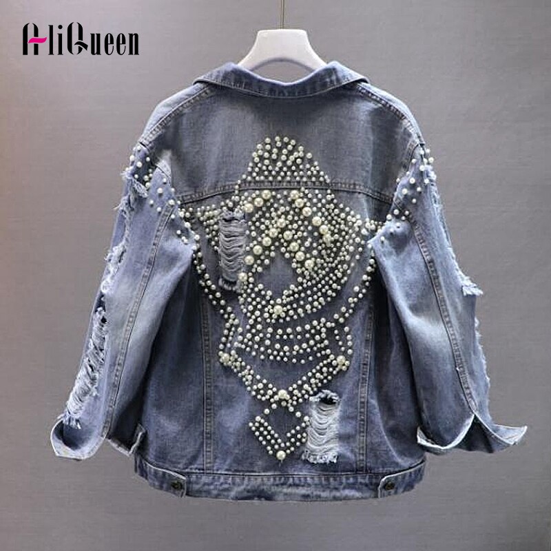 Vintagekvinnor coola flossade hål pärlor pärlstav denimjacka lösa jeansjackor rockar kvinnliga streetwear ytterkläder chaqueta mujer: M