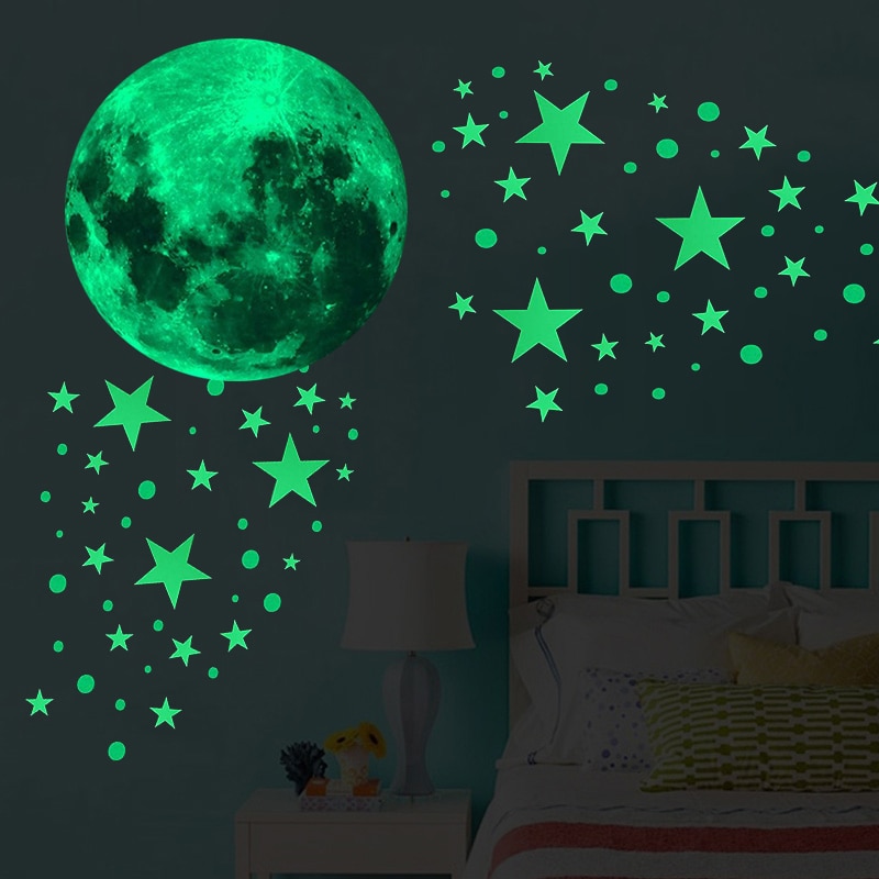 Lichtgevende Maan Dots Sterren Cartoon Diy Muurstickers Voor Kinderkamer Slaapkamer Glow In The Dark Muursticker