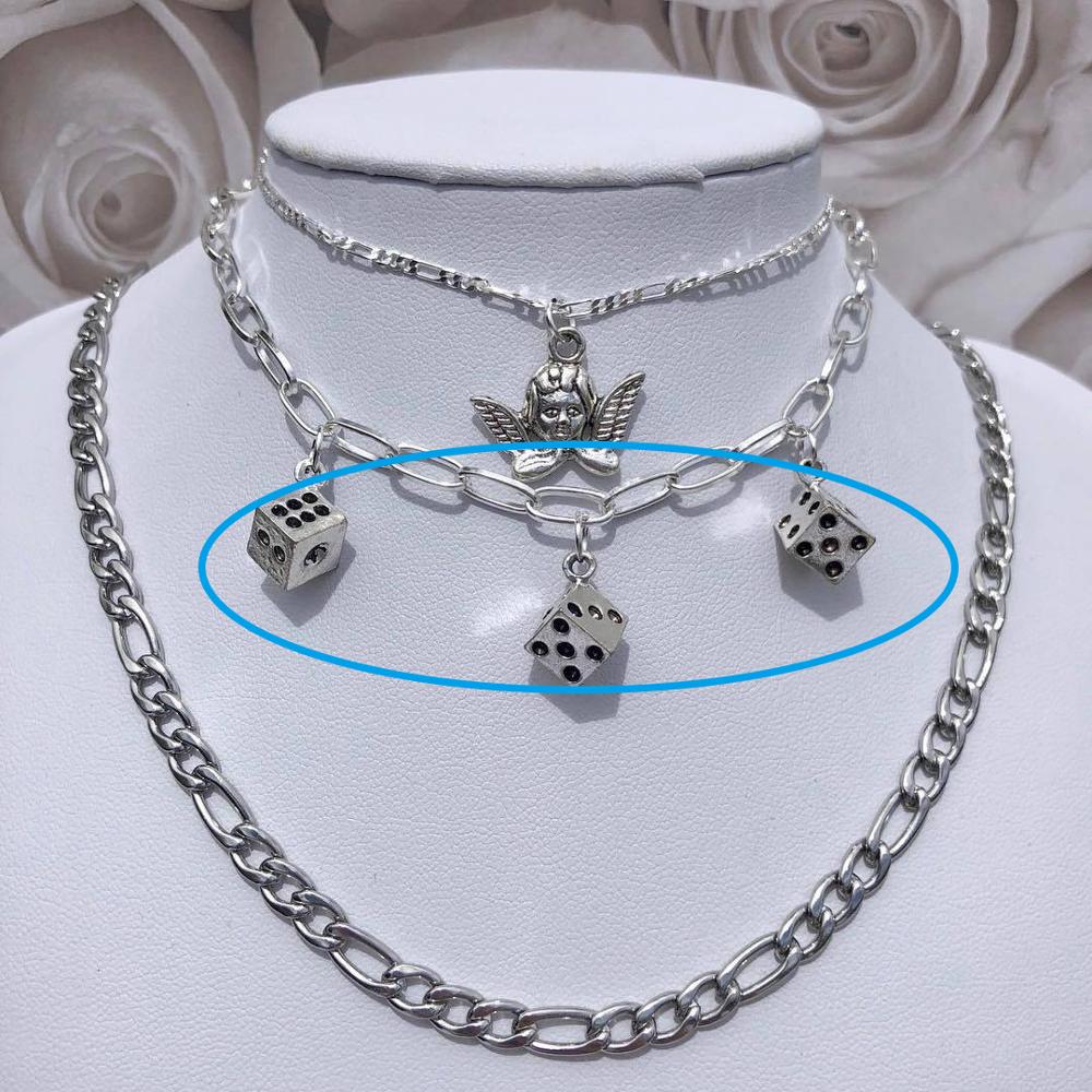 Collier avec pendentif ange en métal, à pendentif en acier inoxydable, ins, chaîne à dés, ras du cou pour femmes, à la , bijoux: Dice