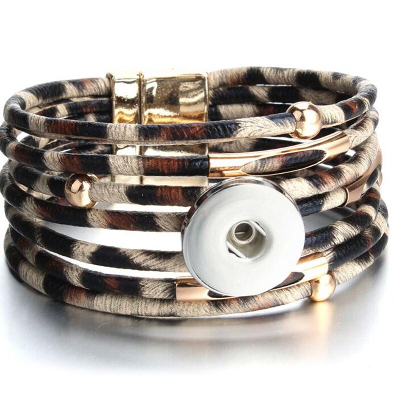 Snap fastener jewelry, 18mm snap fastener bracelets, punk multilayer leather leopard print, magnetic buckle bracelet, bracelet snaps jewelry: 4